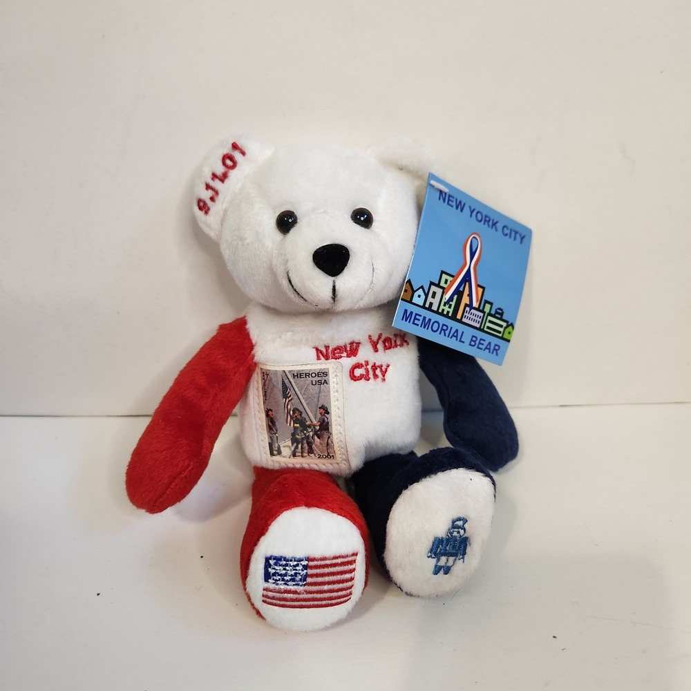 Timeless Toys 2001 NYC Memorial Bear 9/11 Heroes USA Stamp Plush Red‎ Beanie